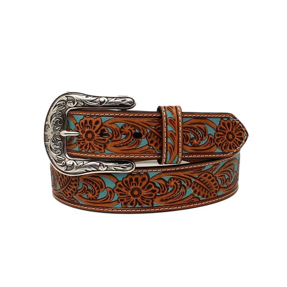 Women\'s Floral Pierced Leather Turquoise Underlay Belt, Tan, Large🐬